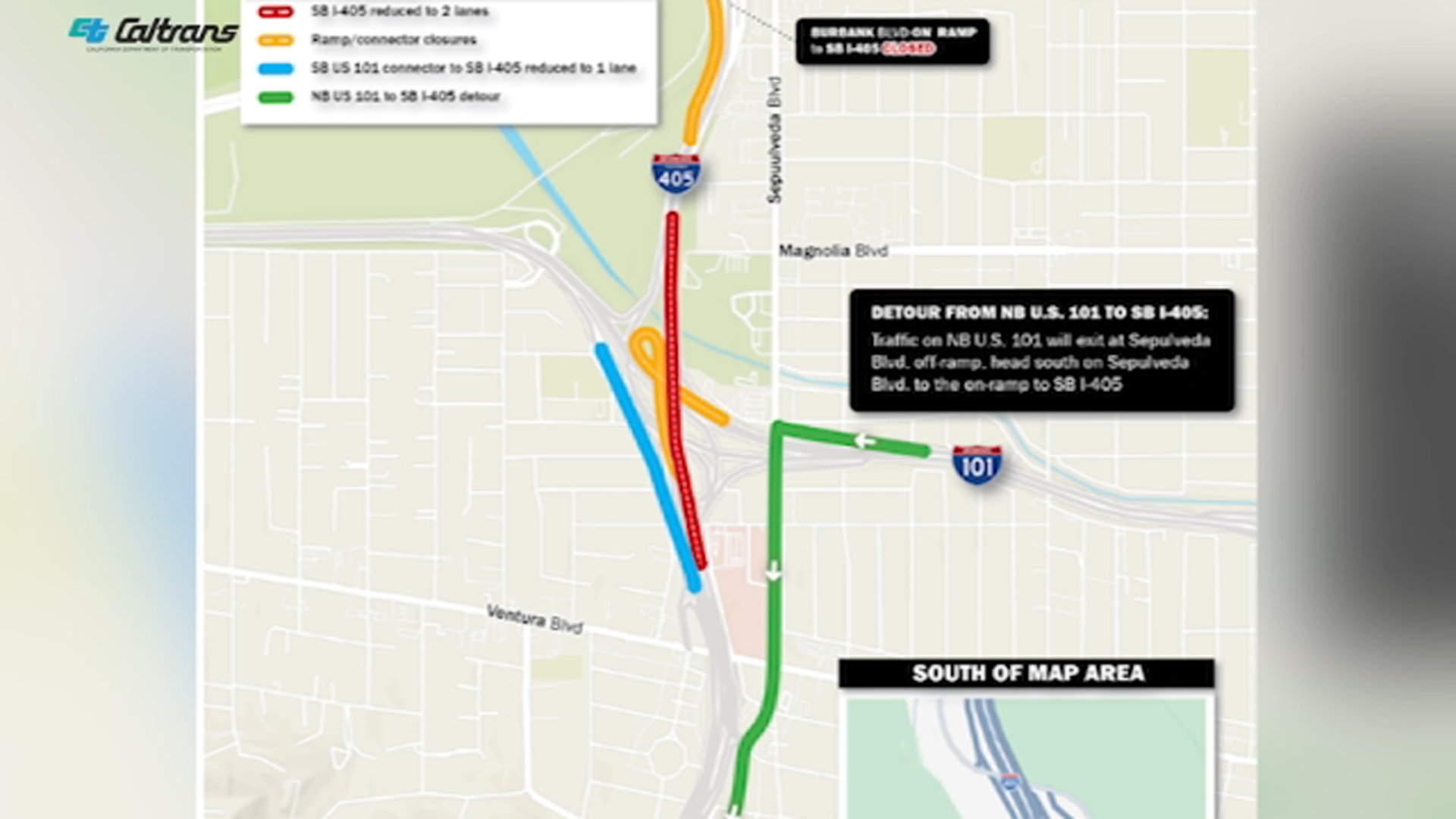 405 Freeway lane, ramp closures continue this weekend through the Sepulveda Pass